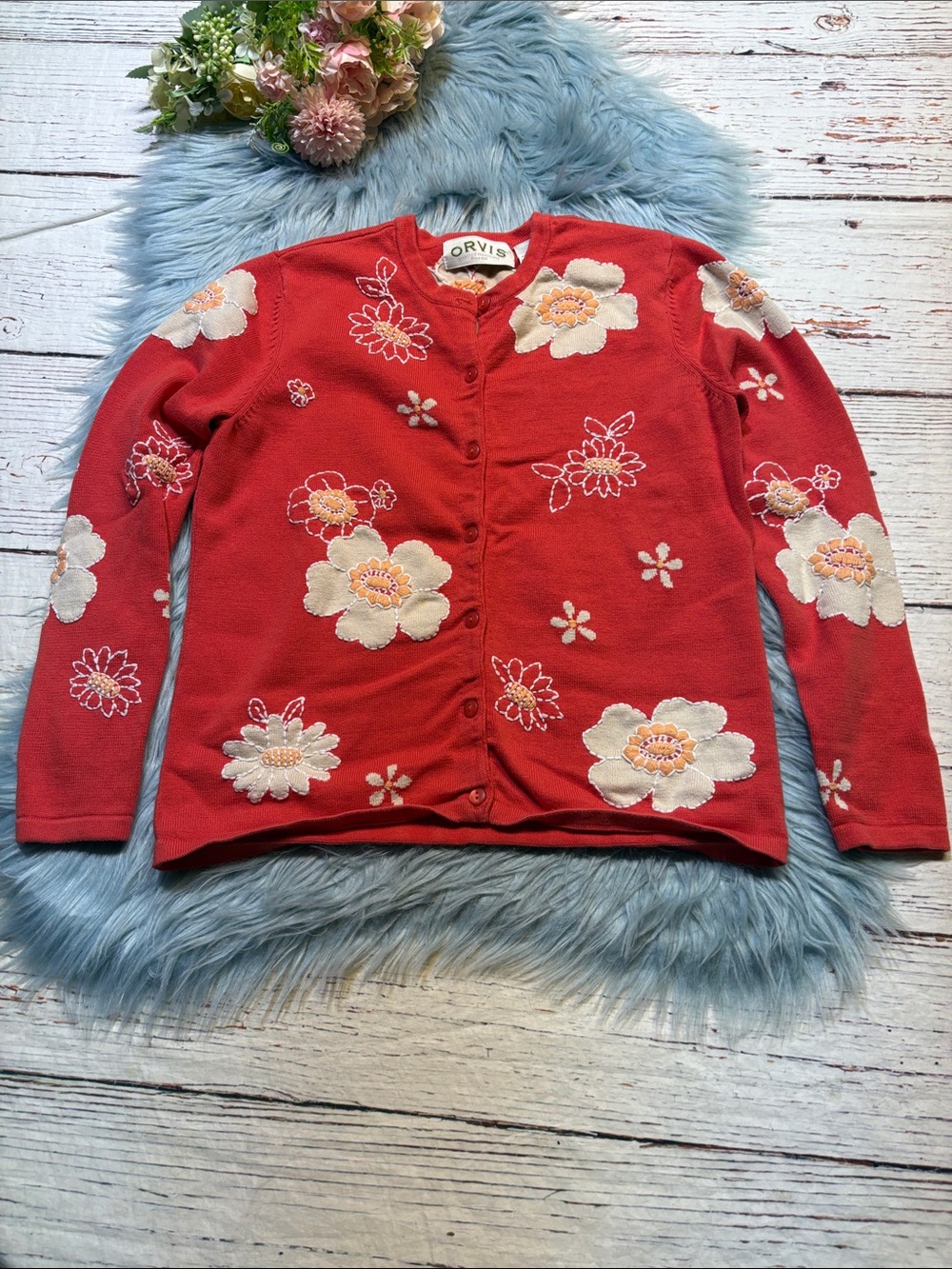Orvis Coral Red Floral Embroidered Cardigan Sweater sz S